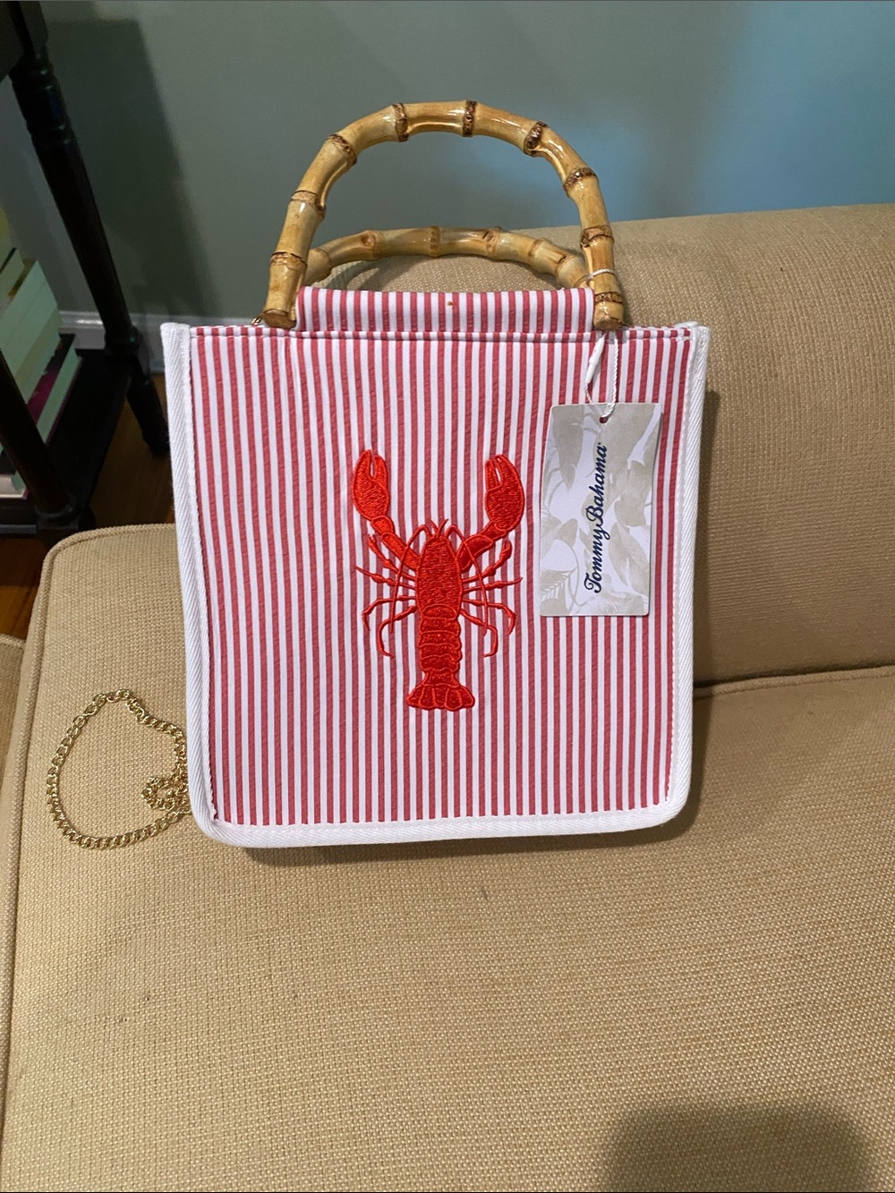 Tommy Bahama Red and White Striped Lobster Tote with Bamboo Handles